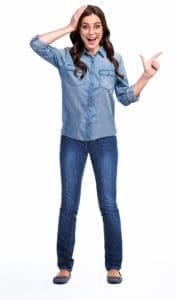 Woman pointing to FairPay calculator on website