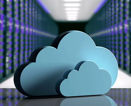 Server room with cut-out of clouds- City, state, county in the cloud