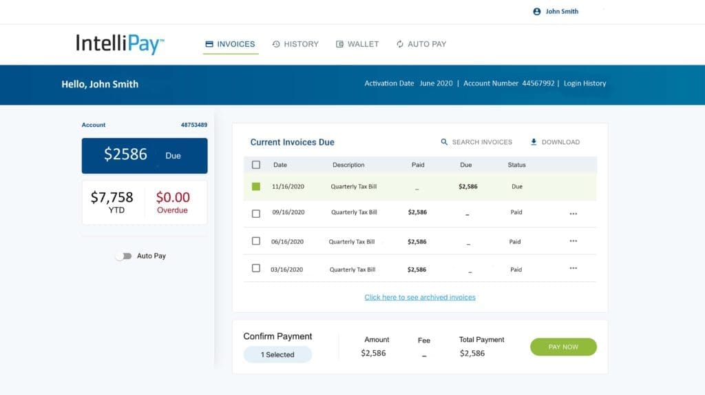 IntelliPay's customer payment portal screen
