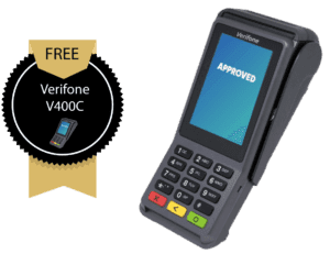 DeskManager merchants who switch to IntelliPay receive a free Verifone V400credit card processing terminal graphic.
