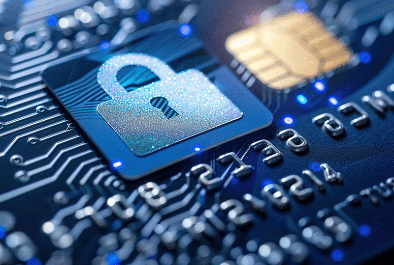 Lock on a credit card and IC background for IntelliPay blog post Protecting Your Business: Actionable Steps to Prevent Payment Fraud