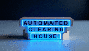 Neon blue letter tiles spelling Automated Clearing House, representing the ACH electronic payment network