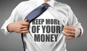 Legal compliance of passing credit card fees to customers intellipay A businessman in a white dress shirt and blue tie pulling his shirt open to reveal a t-shirt underneath that reads "KEEP MORE OF YOUR MONEY" in bold black letters.