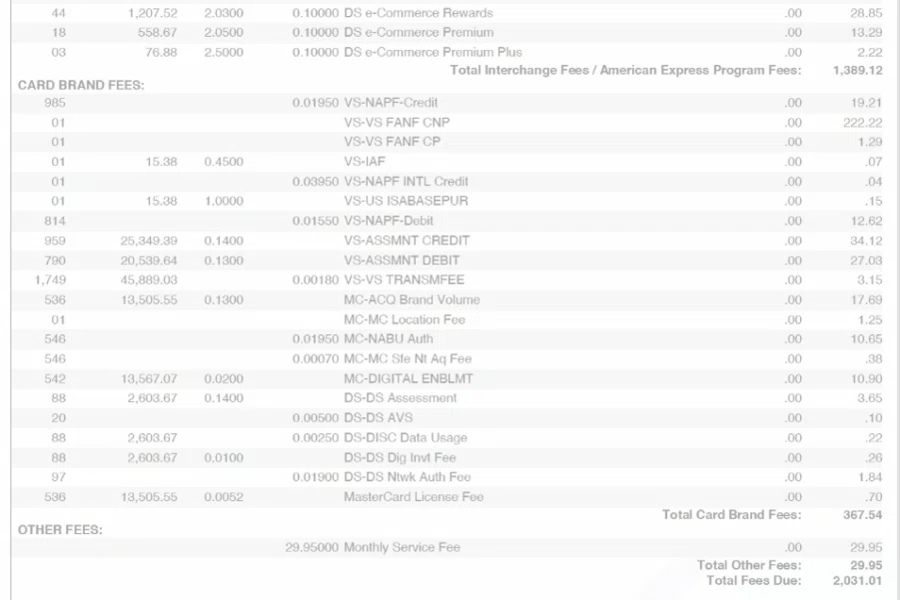 A labeled diagram of a merchant processing statement, identifying key sections like interchange-plus fees, transaction volume, and monthly service charges to help business owners reduce payment costs