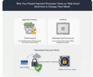 Comparison of pooled aggregator accounts versus dedicated merchant accounts with an integrated 2026 merchant risk score dashboard highlighting low-risk KPI target