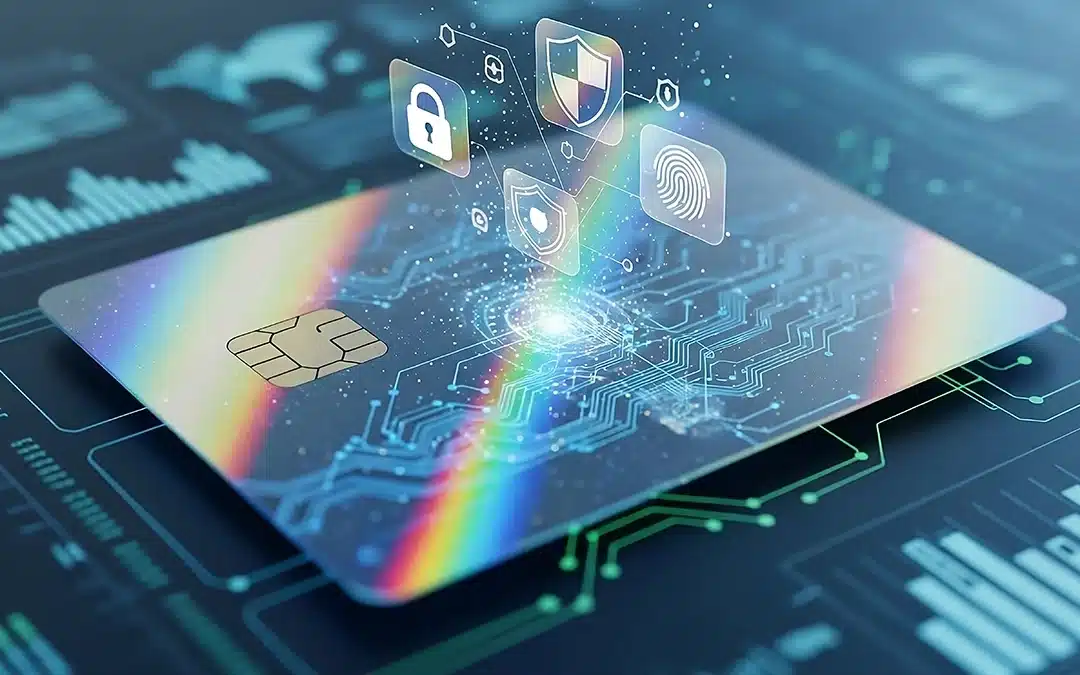 : A digital credit card on a glowing circuit board featuring holographic security icons for encryption, lock protection, and shielding, representing a PCI DSS Level 1 gateway.