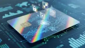 : A digital credit card on a glowing circuit board featuring holographic security icons for encryption, lock protection, and shielding, representing a PCI DSS Level 1 gateway.