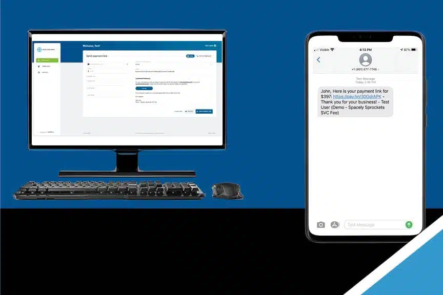 Text‑to‑Pay Portal – Send Secure Payment Link Screen 3-17-26 Desktop screen showing the IntelliPay Text‑to‑Pay portal with a form to send a secure payment link to a customer
