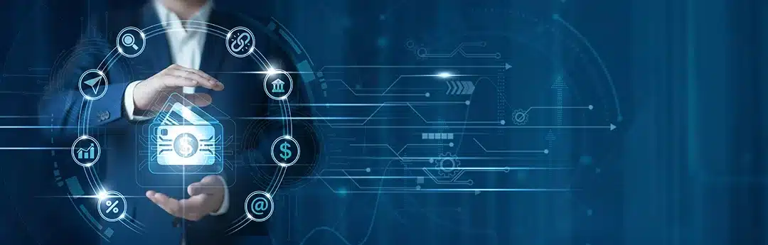Professional bank executive protecting a glowing digital safe with data nodes, representing IntelliPay’s secure white-label payment architecture for financial institutions