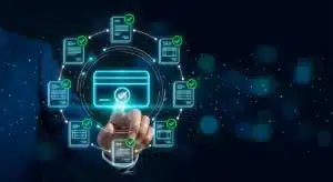 Secure payment processing and compliance visualization intellipay A digital interface showing a credit card icon surrounded by secure, verified document icons, representing IntelliPay’s PCI DSS compliance and data security