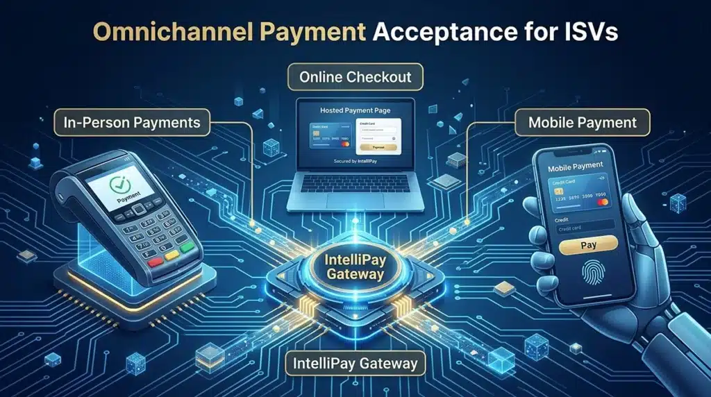 Infographic showing IntelliPay’s omnichannel payment gateway with integrated in-person EMV terminals, hosted online payment pages, and mobile checkout for ISV software.