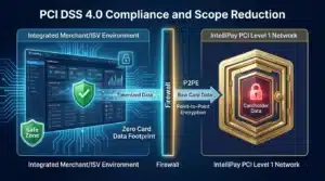 Graphic illustrating the transition from PCI DSS 3.2.1 to 4.0, focusing on continuous compliance and scope reduction methods
