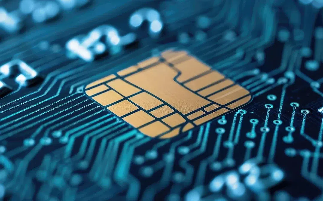 Close-up of an EMV chip on a circuit board representing Visa VAMP payment compliance and fraud monitoring for merchants in 2026