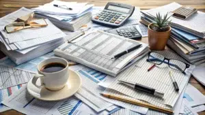 A cluttered county treasurer's desk covered in financial spreadsheets, payment records, a calculator, pens, glasses, and a cup of coffee, representing the complexity of government payment processing