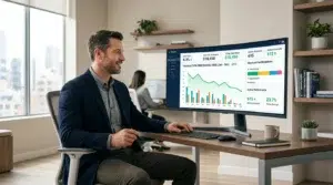 Business professional reviewing payment processing fee data and transaction cost dashboard on a modern office monitor