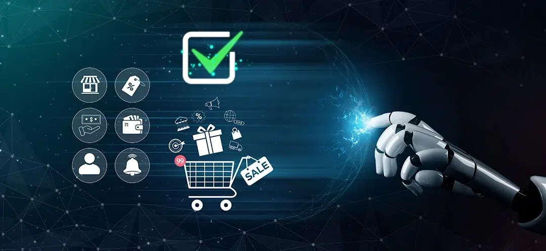 A robotic hand reaching toward a digital shopping cart surrounded by e-commerce and payment icons on a dark technology background, representing AI-powered agentic commerce
