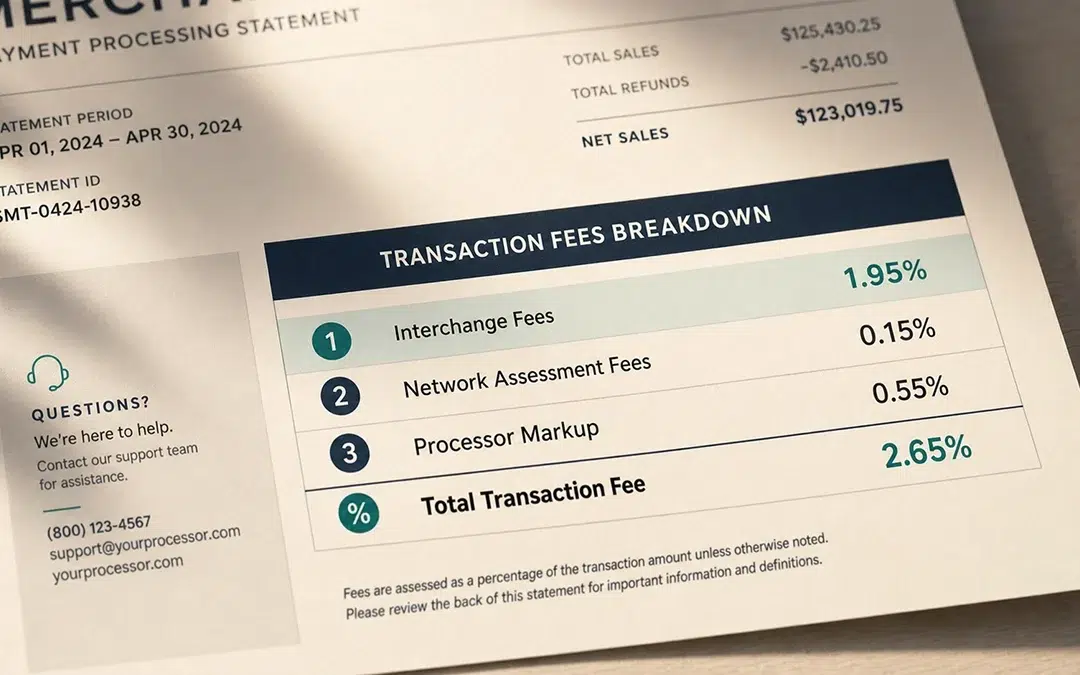 Detailed merchant payment processing statement highlighting interchange fees (1.95%), network assessment fees (0.15%), and processor markup (0.55%) totaling 2.65% in transaction costs