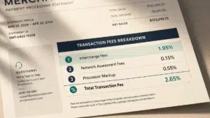 Detailed merchant payment processing statement highlighting interchange fees (1.95%), network assessment fees (0.15%), and processor markup (0.55%) totaling 2.65% in transaction costs