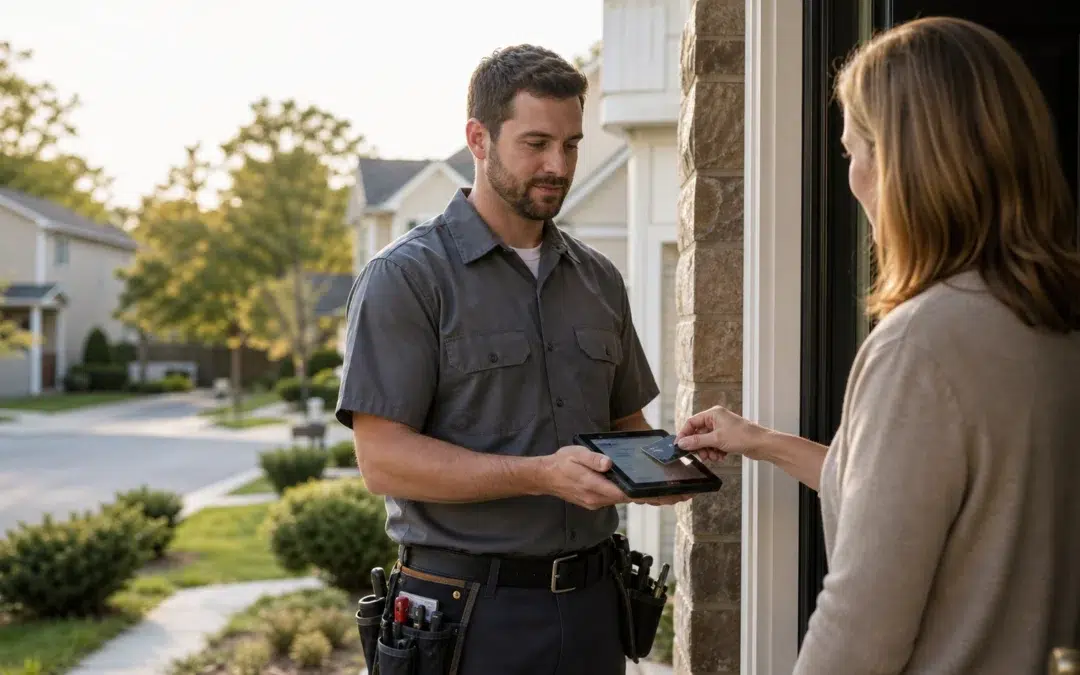 Field service technician taking a card payment on a mobile device from a homeowner at the front door of a suburban house