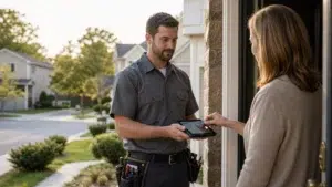 Title onpage section label getting paid at the door mobile card acceptance for field service jobs intellipay Field service technician taking a card payment on a mobile device from a homeowner at the front door of a suburban house