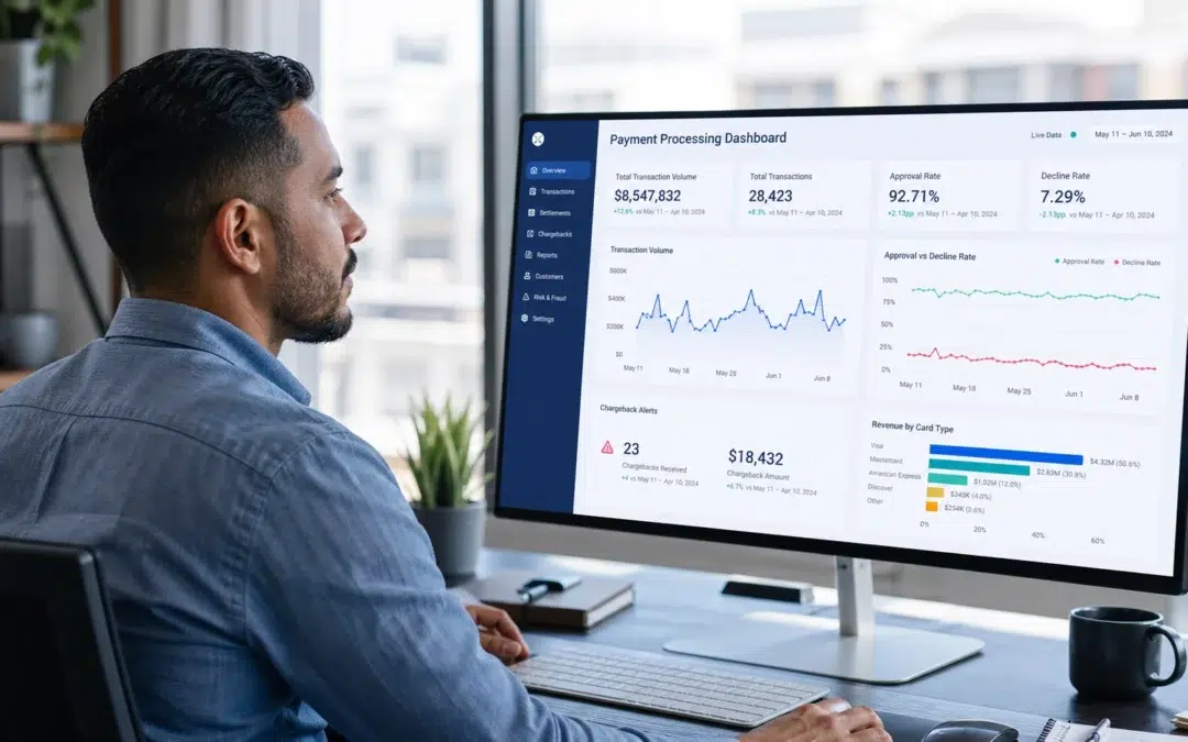 Latino business professional at a modern desk reviewing a payment processing analytics dashboard with real-time transaction metrics on a widescreen monitor in a bright office.