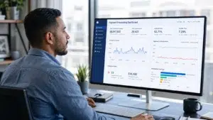 Latino payment processing professional reviewing analytics dashboard intellipay Latino business professional at a modern desk reviewing a payment processing analytics dashboard with real-time transaction metrics on a widescreen monitor in a bright office.