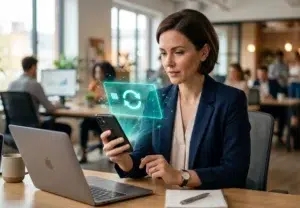 Professional woman in a modern office holding a smartphone with a holographic credit card and recurring payment icon floating above it, representing cards-on-file and recurring billing management