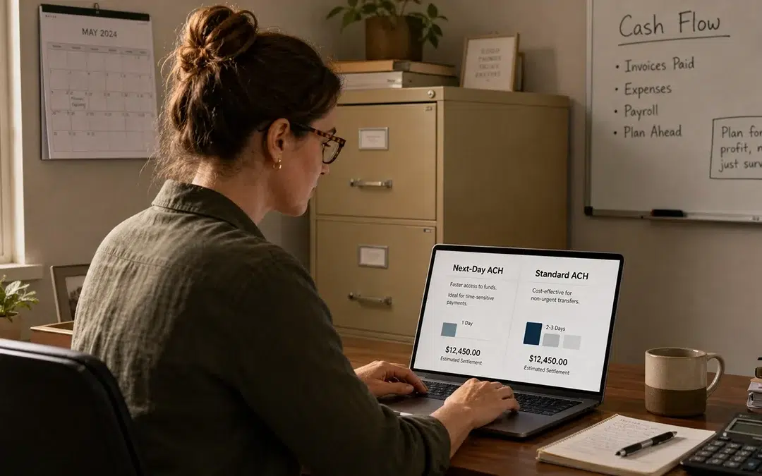 A small business bookkeeper sits at a desk in a back office, looking at a laptop screen that shows two columns labeled “Next-Day ACH” and “Standard ACH” with simple bar charts beneath them, with a filing cabinet, wall calendar, and “Cash Flow” whiteboard in the background