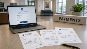 Pci level 1 secure utility payments portal for cities counties and schools intellipay Laptop showing a secure payments portal next to utility bills on a government office counter with a PAYMENTS sign, illustrating PCI Level 1 security for public entities