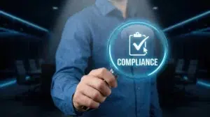 Professional reviewing a digital compliance checkmark for local government PCI payment security