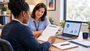 Two government finance staff reviewing a fraud prevention checklist at a desk with a security dashboard on a laptop